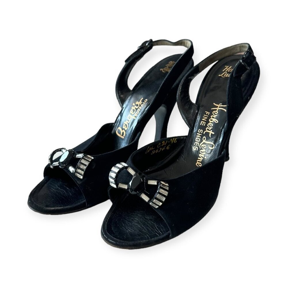 Vintage Herbert Levine Black Suede Rhinestone Bow Slingback Heels 1940-50s Sz 6M